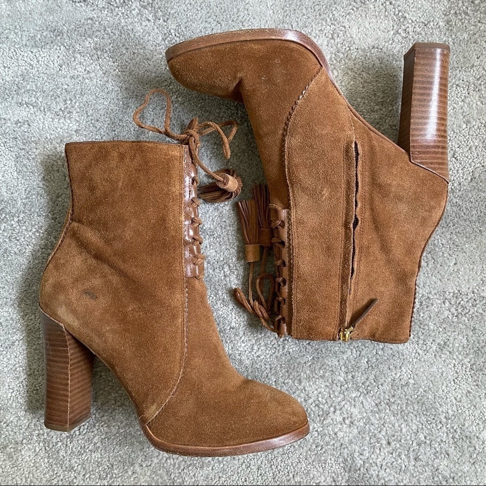 Michael Kors Collection Luggage Brown Odile Leather-Trimmed Suede Boots Sz 39.5